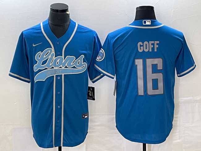 Mens Detroit Lions #16 Jared Goff Blue Cool Base Stitched Baseball Jersey